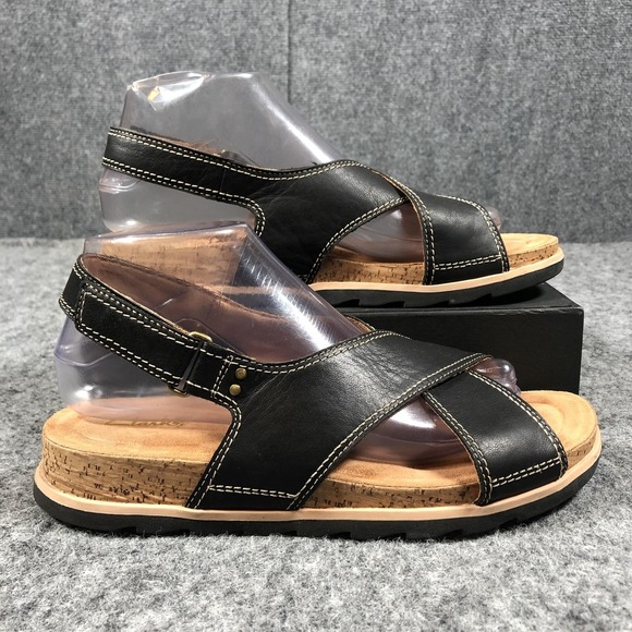 Clarks Sandals Womens 8.5 M Black Leather Slingback Cork Wedge Comfort Shoes - Picture 2 of 16